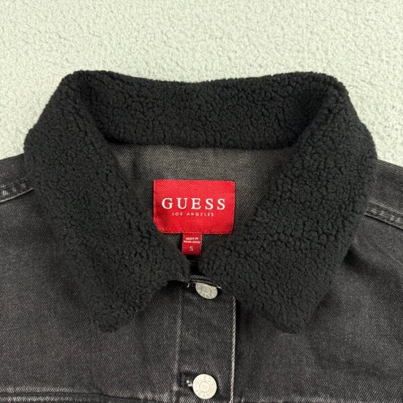 Guess Jacket Womens Small S Black Denim Colbie Sherpa Collar Cutoff Cropped Jean - Picture 6 of 10